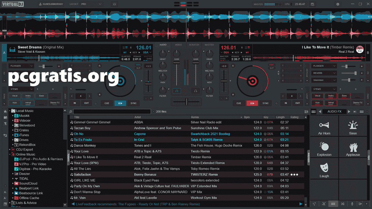 Ferramentas desbloqueadas na versão ativada do Virtual DJ: